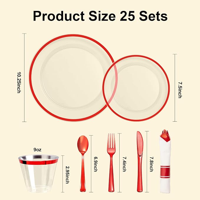 BESTSTAR 175PCS 4th of July Plastic Plates, Clear and Red Disposable Plates Set for 25 Guests, 50 Plastic Plates, 25 Cups, 25 Pre-Rolled Napkins with Plastic Cutlery for Party, Birthday, Christmas