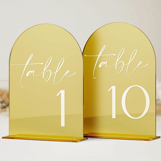 HOODO Gold Mirror Acrylic Wedding Table Numbers 1-10 with Stands, 5"x7" Arched Acrylic Signs and Holders, Gold Mirror Arch Table Numbers for Wedding Reception, Centerpiece, Party, Anniversary, Event