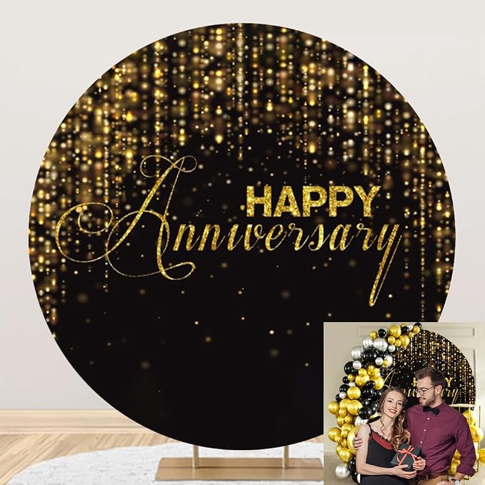 Happy Anniversary Round Backdrop Cover Black and Gold Glitter Bokeh Dots Wedding Anniversary Photo Background Bridal Shower Miss to Mrs Wedding Party Decorations Circular Arch Cover 4ft