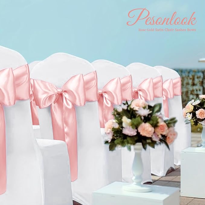Pesonlook 120 PCS Rose Gold Satin Chair Sashes Bows,Satin Chair Sashes Universal Chair Cover for Wedding Reception Restaurant Event Decoration Banquet,Party,Hotel Event Decorations (7 x 108 inch)