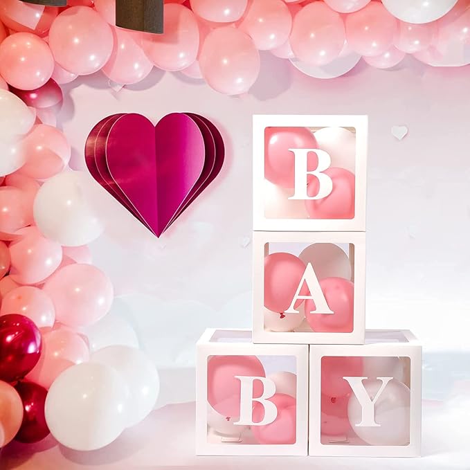 Voircoloria Baby Boxes with Letters for Baby Shower, Gender Reveal Decorations with 4 Transparent Balloon Boxes for Gender Reveal Baby Shower Decorations(White)