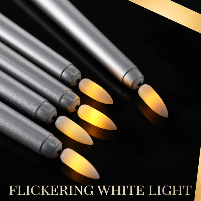 Macarrie 24 Packs Flameless Taper Candles Battery Operated Fake 11 Inch Long Candlelight LED Flameless Candlesticks Flickering Tapered for Summer Fall Wedding(Silver)