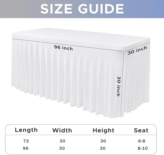 Nasitos White Table Skirt for 8 Foot Rectangle Tables, 4 Pack - 96 x 30 Inch - Stretch Spandex Fitted Table Clothes, Fabric Table Covers Cocktail Tablecloths for Party, Banquet, Birthday