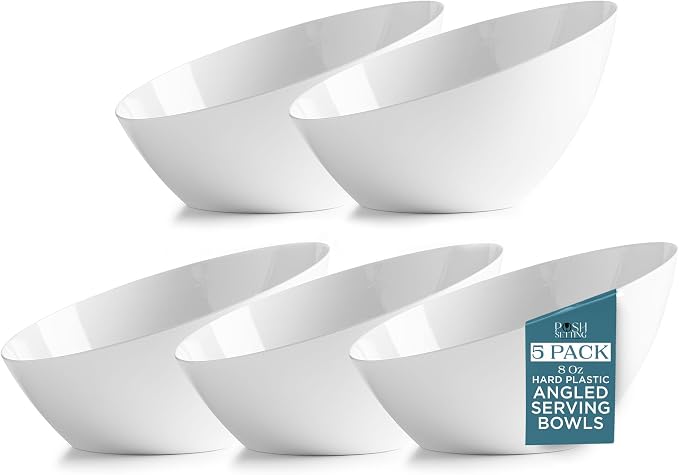 Posh Setting - White Plastic Serving Bowls for Party Angled Bowls Disposable Chip Bowls Candy Bowls for Party Table Salad and Fruit Bowls for Wedding Serving Bowls - White, 8 OZ, 5 Pack