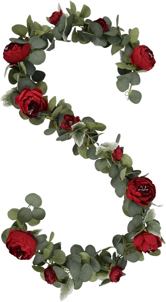 2 Pack Burgundy Artificial Flower Garland 6.2ft/Piece Vintage Eucalyptus Rose Garland with Fake Peonies Silk Fake Floral Vines for Wedding Arch Home Table Mantle Party Backdrop Decor (Burgundy)