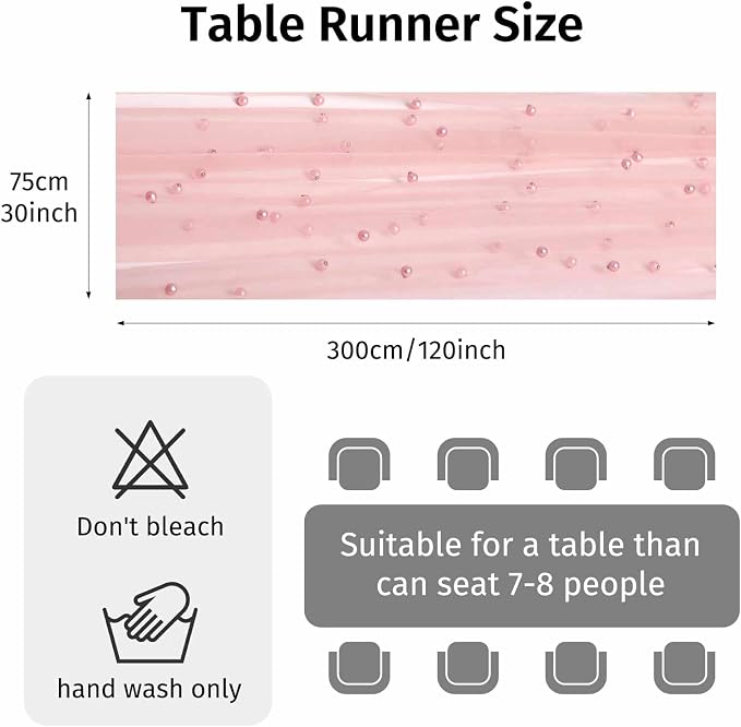 WELTRXE Pearl Table Runner Tulle 30x120 Inch 10FT Long, Pink Gauze Table Runners, Rustic Boho for Wedding Arch Birthday Party Bridal Veil Baby Shower Decorations