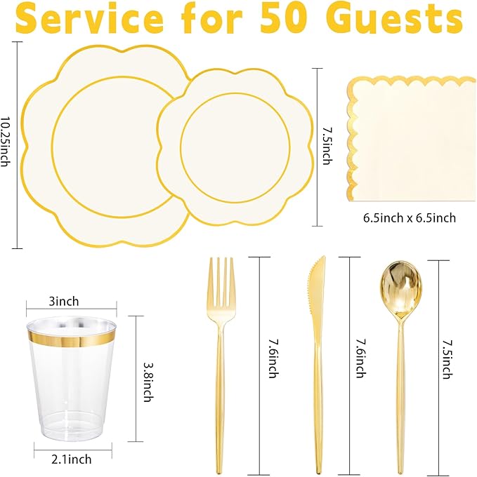 WONDERFUL 350PCS Ivory Plastic Plates for Party Plates Disposable Heavy Duty Ivory Gold Plastic Dinnerware Set for 50 Guests - 100 Disposable Plate,150 Silverware,50 Cup,50 Wedding Napkins for Wedding