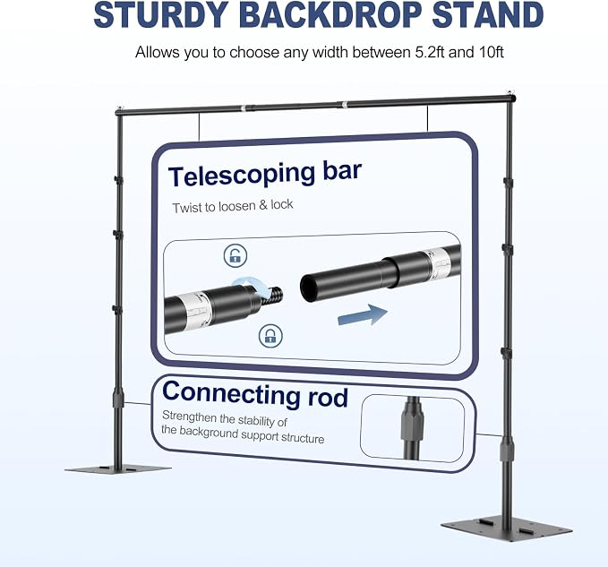EMART Backdrop Stand,10x8.5ft(WxH) Adjustable Photo Background Stand with Upgrade Rod,Heavy Duty Flat Base,Metal Pipe and Drape Frame for Wedding,Birthday Party,Decorations,Photography Studio