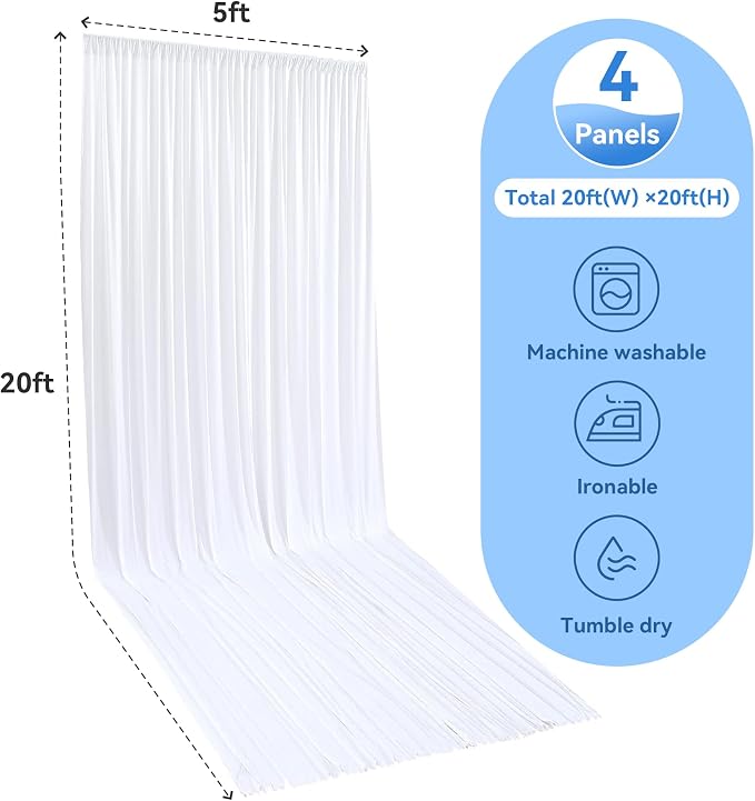 4 Panels 5x20ft White Ceiling Drapes for Wedding Parties, Wrinkle Free 20ft Long Thick Polyester Wedding Draping Tent Ceiling Curtains Arch Drapery for Birthday Party Tent Canopy Decor