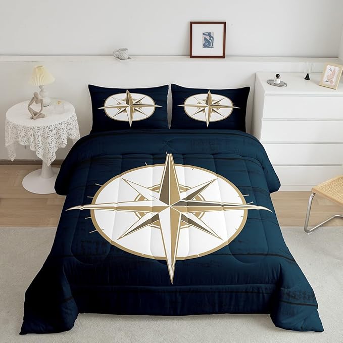Feelyou Compass Print Comforter Set Queen Size Kids Nautical Theme Comforter for Boys Girls Teens Ocean Voyage Bedding Set Geometric Circles Pattern Duvet Set Sea Adventure Quilt