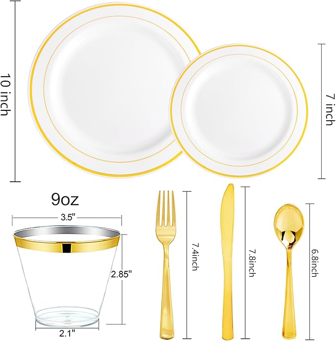 bUCLA 150PCS Gold Plastic Dinnerware Set Disposable - Heavy Duty Gold Plates Include 25 Dinner & 25 Dessert Plates,25 Forks,25 Knives,25 Spoons&25 Cups for Party&Wedding