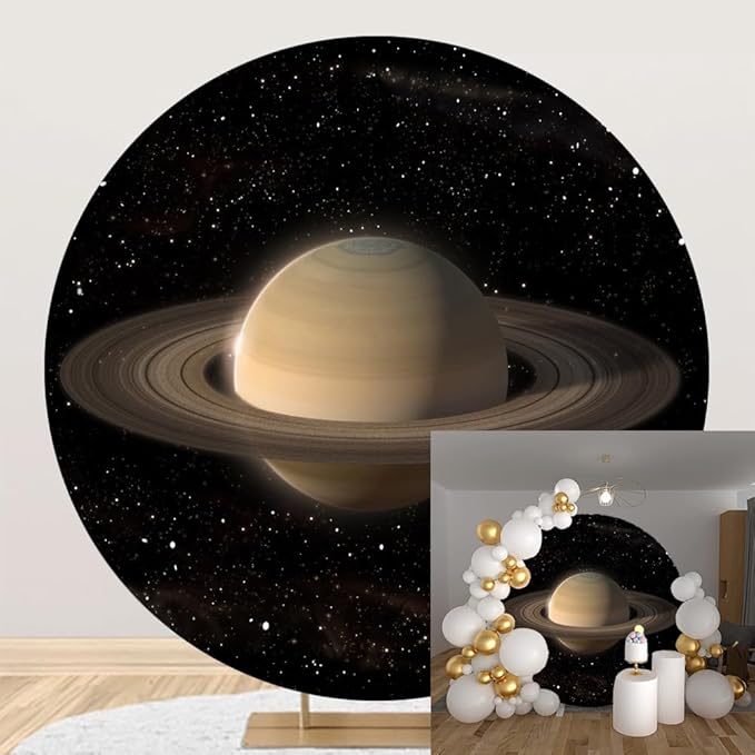 Diameter 5ft Saturn Planet Round Backdrop Cover Cosmic Galaxy Stars Circle Photography Background Outer Space Backgrounds for Kids Birthday Party Decor Baby Shower Photo Booth Props