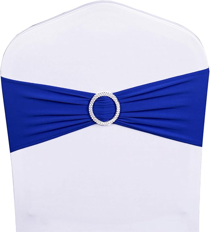Spandex Royal Blue Chair Sashes 50 Pack for Wedding, Elastic Stretch Chair Bands with Buckle Slider, Chair Bows for Party, Without White Chairs Covers