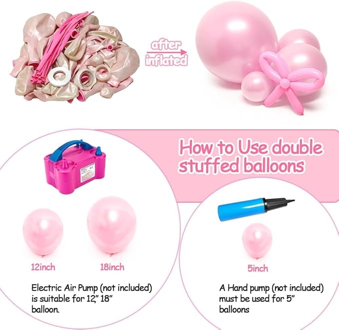 Pearl Pink Balloon Arch Double Stuffed Pearl Hot Baby Pink Balloon Garland Kit with Long Balloons Different Size for Birthday Wedding Baby Shower Bridal Anniversary Decoration