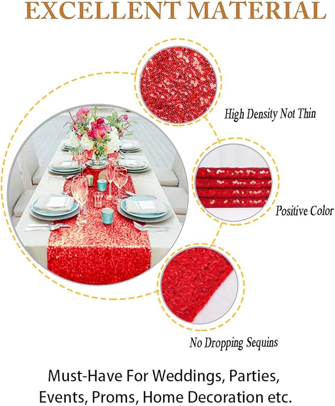 ShinyBeauty Red Table Runners Pack of 15 Sequin Table Runners 12x108-Inch Glitter Sequin Fabric Table Cloth Runner Sequence Table Runners Birthday Party Baby Shower Decorations