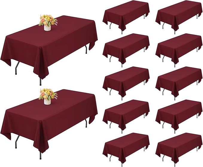 Showgeous 12 Pack Table Cloth Burgundy Tablecloth 60 x 102 Inch Table Clothes for 6 Foot Rectangle Tables, Wrinkle Resistant Washable Polyester Table Cover for Wedding Parties Banquet