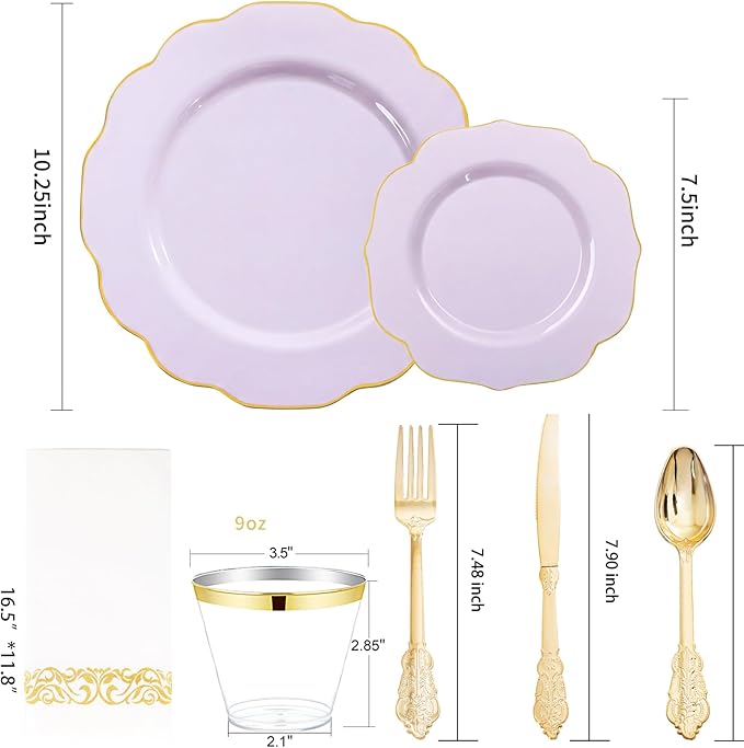 NOCCUR 175PCS Purple Plastic Plates with Gold Disposable Silverware - Include 50 Lavender and Gold Plastic Plates,25 Knives,25 Forks,25 Spoons,25 Cups and 25 Napkins - Mother's Day/Spring Party