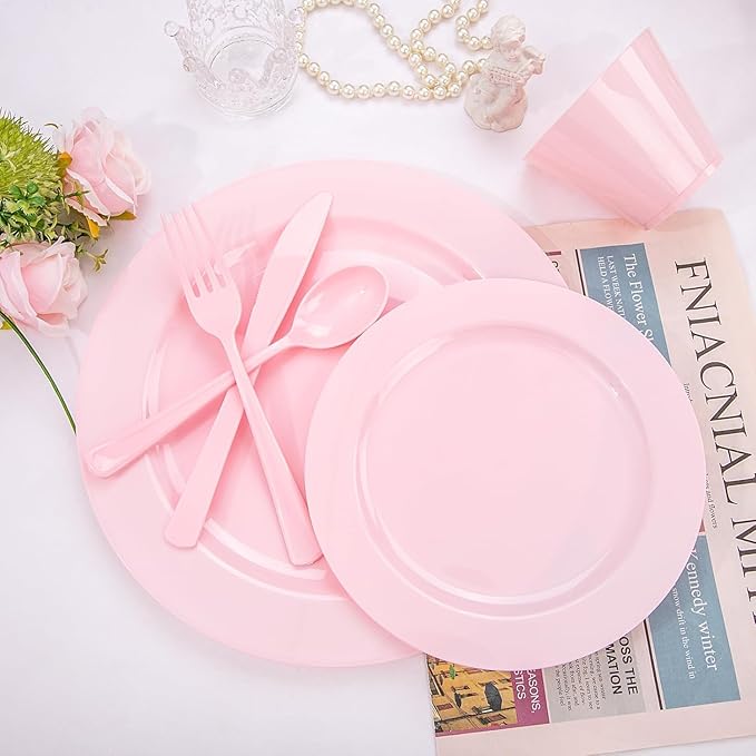 KIRE 150 Pieces Pink Plastic Plates Disposable - Pink Dinnerware Set Include 25 Dinner & 25 Salad Plates 25 Forks 25 Knives 25 Spoons 25 Cups for Baby Shower/Bridal Shower/Mother's Day