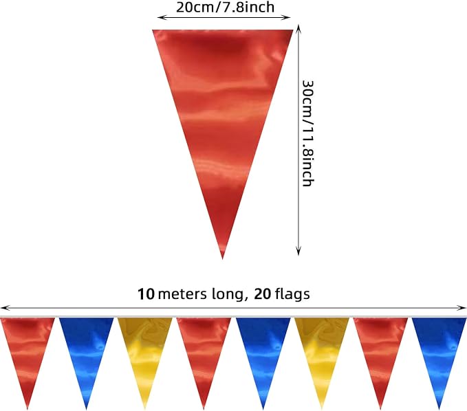 40M/130FT Gold Blue Red Triangle Pennant Banner Flag Metallic Fabric Bunting Garland for Christmas Graduation, Independence Day, 4th of July, Patriotic Themed Party Decoration