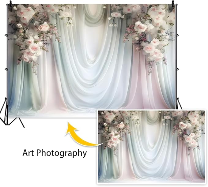 Leowefowa Floral Backdrop for Wedding Decor Pink Rose Flower White Curtain Wall Photography Background for Baby Shower Wedding Anniversary Ceremony Party Decorations Banner Studio Props 20x10ft Vinyl