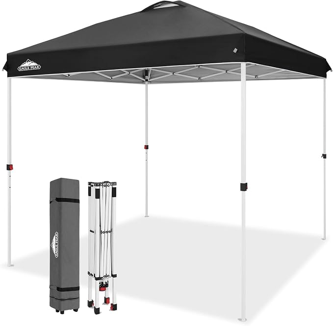 EAGLE PEAK Pop Up Canopy Tent with Wheeled Carry Bag, 8 Stakes, 4 Ropes, Easy Set Up Tent Canopy, 8x8 ft, Black