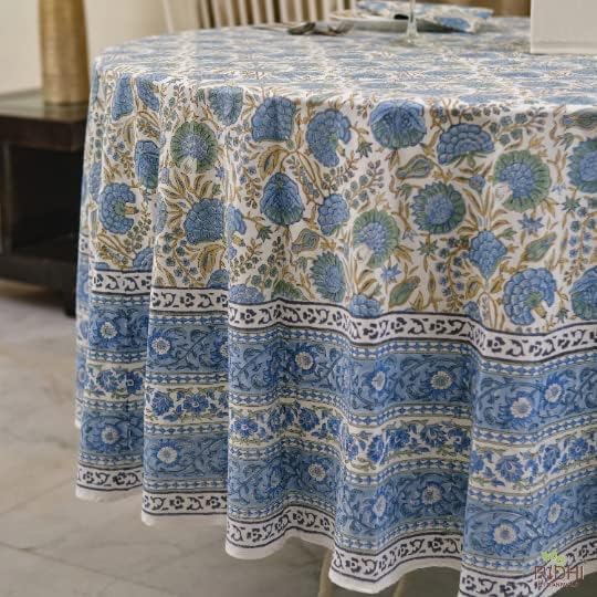 Ridhi Round Tablecloth Hand Block Print 100% Cotton Reusable Asparagus Green 132 Inch Table Cover Decorative Everyday Use for Dining, Home, Party, Wedding, Farmhouse Gift for Spring, Mother's Day