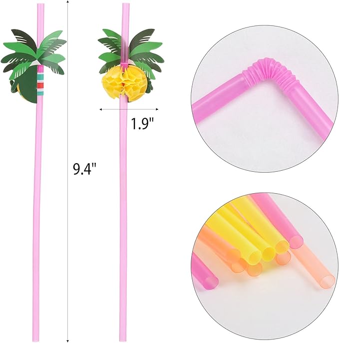 100pcs Coconut Tree Drinking Straws, Disposable Honeycomb Plastic Straws, Tropical Hawaiian Beach Cocktail Pool Luau Party Decorations Supplies