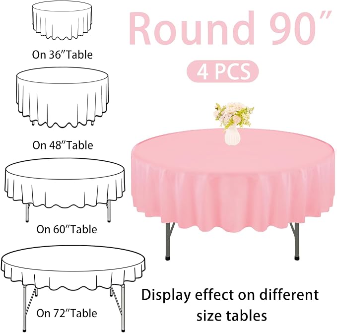 4 Pack Round Tablecloth 90 Inch Polyester Washable Fabric Table Covers for Wedding Dining Table Parties Banquet Decor（Pink）