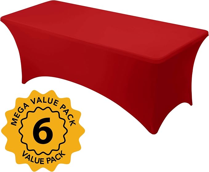 6-Pack Premium Red Spandex Tablecloths for 8ft Rectangle Tables, Stain & Wrinkle-Resistant, Washable Stretch Polyester Fitted Table Cover for Weddings, Banquets, Trade Shows Events