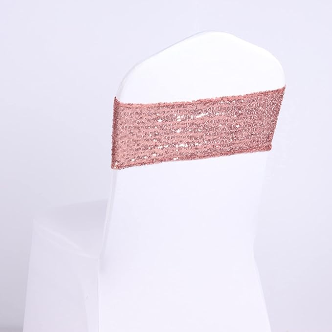Pack of 25 Stretch Sequin Chair Sashes Chair Bands One-Sided Sequins Decor for Hotel Wedding Reception Events Party Chair Cover Decoration (Rose Gold)