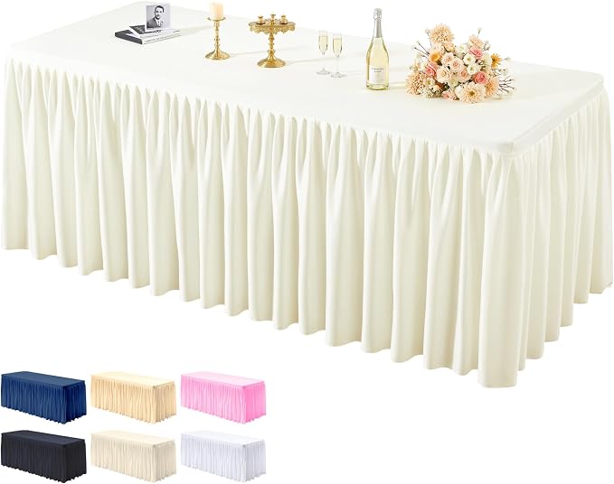 PARTISKY 1 Pack Ivory Tablecloths for Rectangle Tables 4ft, Wrinkle Resistant Spandex Table Cover Fitted Stretch Table Cloth with Pleated Ruffle Skirts for Party Banquet Dining Birthday Wedding