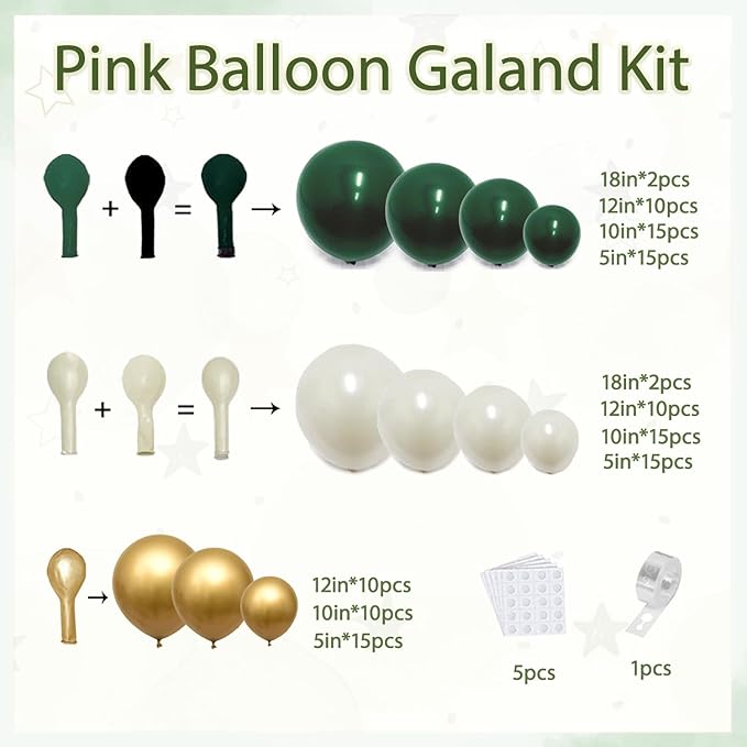 Emerald Green White Gold Balloon Arch Kit, Double Stuffed Dark Green Balloons Hunter Forest Green Chrome Gold Pearl White Sand Ivory Balloons for Wedding Birthday jungle Safari Party Decorations