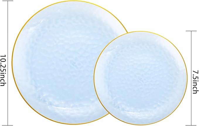 Rubtlamp 100Pcs Blue Gold Plastic Plates, Blue Disposable Plates With Gold Rim, Hammered Plastic Plates Include 50 Dessert Platos, 50 Dinner Platos for Party