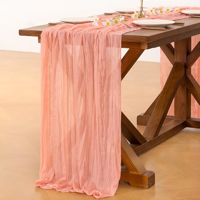 Socomi 6pcs Coral Peach Summer Cheesecloth Table Runner Boho Rustic Gauze 120 inch 10FT Cheese Cloth Sheer Runner for Wedding Party Baby Shower Birthday Home Decor Holiday Decorations