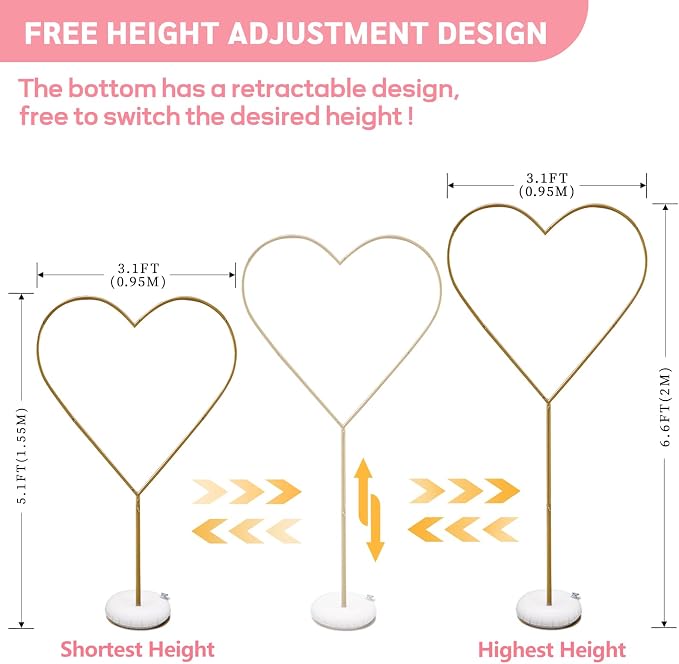 Adjustable Height Heart Arch Metal Heart Shaped Arch Stand for Proposal Wedding Arches for Ceremony Valentine's Day Baby Shower Birthday Party Decor