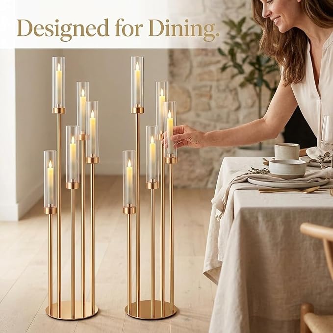 2pcs 42.5in Gold Floor Candelabra 5 Arm Gold Candelabra with Glass Shades Candle Holders,Elegant Metal Candlestick Stand for Perfect for Wedding Dining Room Living Room Event Decor