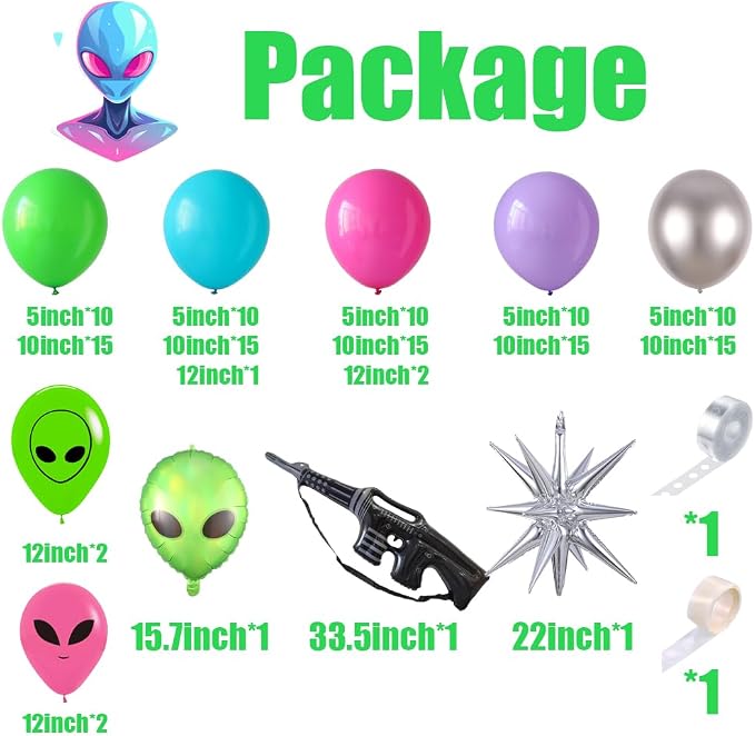 PageebO Alien Balloon Arch, Vibrant Balloons with Alien Inflatable Gun Explosion Star Mylar Balloon for Alien Theme Party Decorations Outdoor Indoor UFO Space Theme Birthday Party Star Party Decor