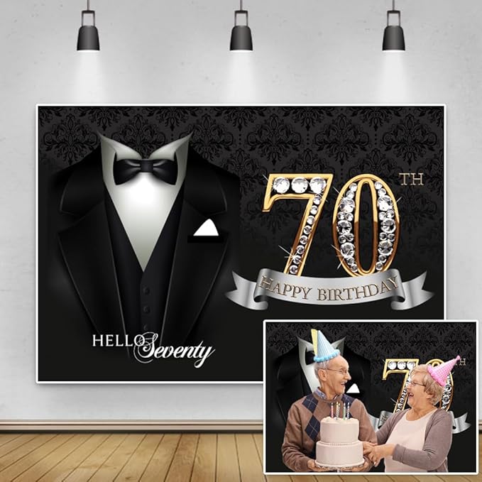 6x4ft Men 70th Birthday Backdrop Black Necktie Suit Tuxedo Diamonds Gold 70th Happy Birthday Photography Background Father Grandpa Hello Seventy Birthday Party Decor Cake Table Banner