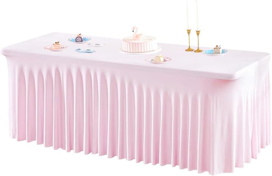 1 Pack Pink Table Clothes for 6 Foot Rectangle Tables, One-Piece Wrinkle Resistant Stretch Spandex Table Covers with Skirt for Event Banquet Wedding Birthday Party