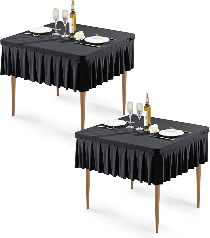 Wish Care 2 Pack Black Spandex Tablecloths for 34x34 Inch Square Tables, Stretch Fitted Table Clothes with Pleated Ruffle Skirt for 34” Table, Wrinkle Free and Elastic, for Party Kitchen Home Dining