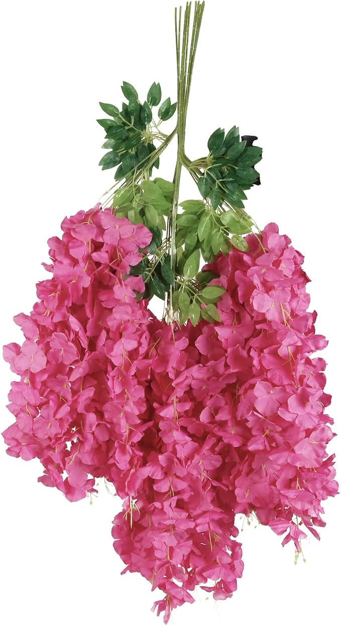 12PCS Artificial Wisteria Hanging Flowers 3.6ft Rose Red Fake Hanging Flowers Garland Silk Flowers Rattan String Faux Wisteria Vine for Garden Home Wedding Arch Decor (Rose Red)