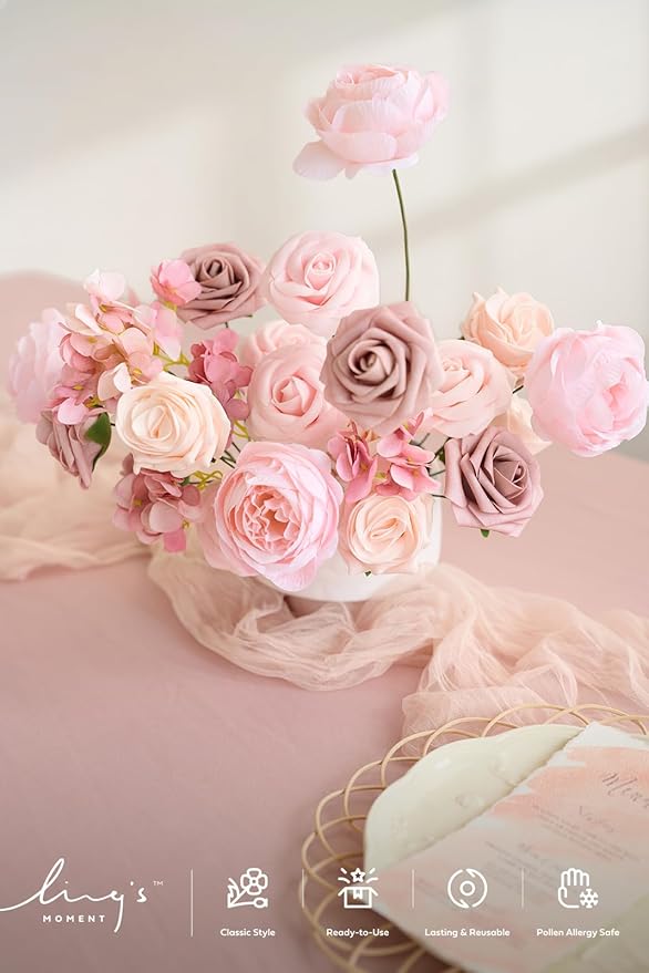 Ling's moment Artificial Flowers Fake Silk Hydrangea Foam Roses Faux Gardenia Combo for DIY Wedding Bouquets Centerpieces Arrangements Bridal Shower Party Home Decorations, Pink & Blush, 24pcs