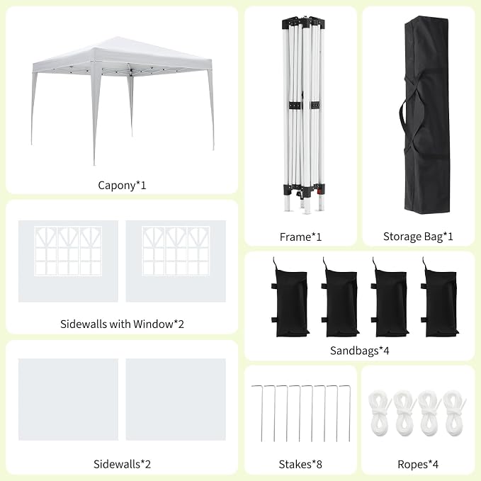 White 10x10 Pop-Up Canopy Tent with 4 Sidewalls – Portable Instant Shelter, Waterproof Outdoor Gazebo for Camping, Parties, Backyard & Beach Activities