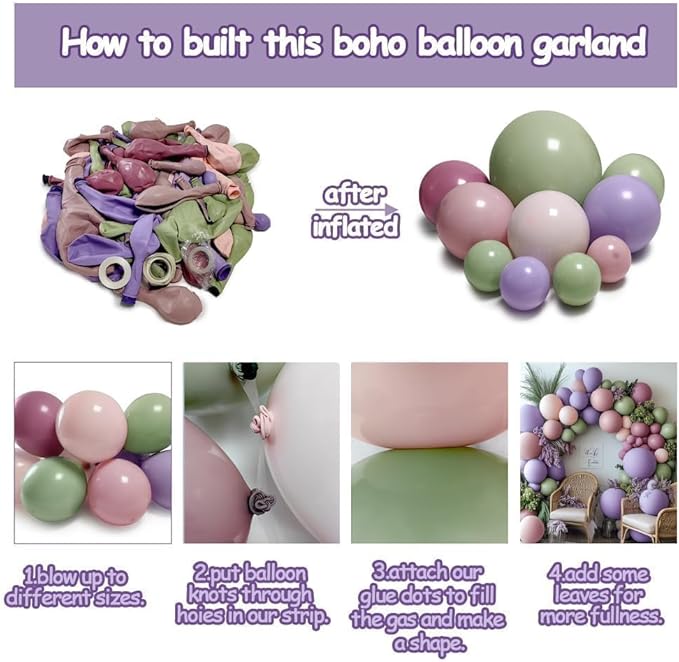 Dusty Green Purple Pink Balloon Garland Double Stuffed Pastel Light Green Pink Lavender Lilac Balloon Arch Kit Mist Mauve Blush Balloons for Spring Wildflower Birthday Wedding Baby Shower Party Decor