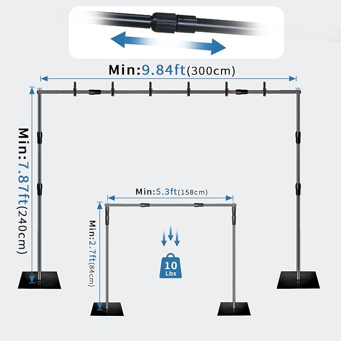 Backdrop Stand, 8x10ft Metal Base Photo Studio Support System, Adjustable Backdrop Frame for Photography, Streaming, Wedding, Projector Screen, Tool Free Setup & Portable Carry Bag