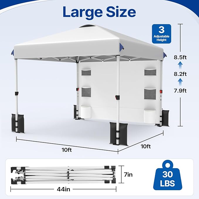 10x10 FT Pop Up Canopy Outdoor Tent with 1 Sidewall and 6 Pockets, 1-Button Push Easy Set Up, 3-Height Adjustable Beach Shade, Heavy Duty Sun Shelter for Vendor Events Camping Party Outdoor Activities
