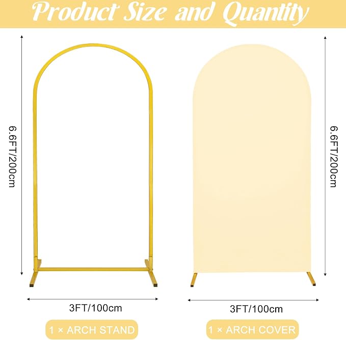 Metal Arch Stand and Cover Set,1 Beige Spandex Fitted Backdrop with 1 Gold Wedding Arched Stand Frame for Parties Birthday Baby Shower Bridal Banquet Decoration (6.6FT)