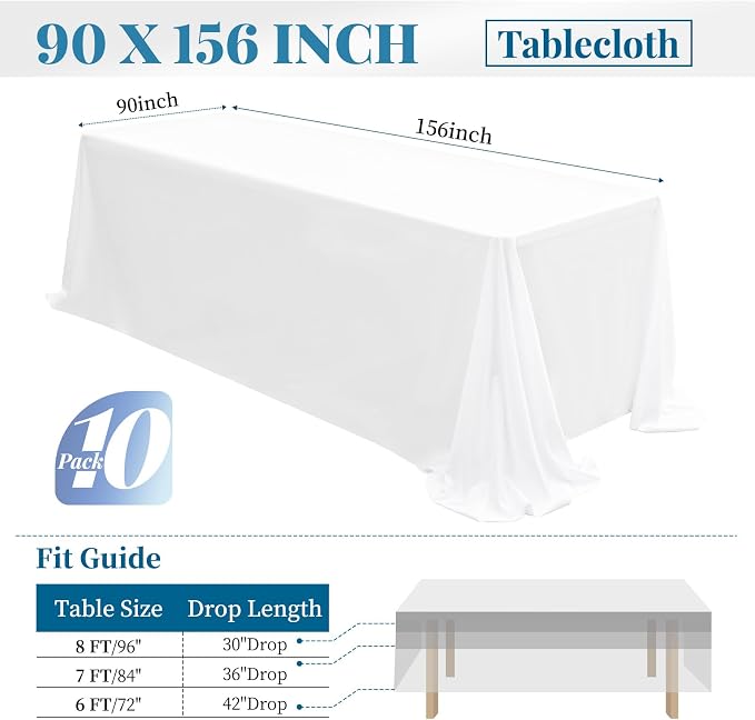 10 Packs Tablecloth 90 x 156 Inch, White Polyester Table Cloth for 8ft Rectangle Tables, Stain and Wrinkle Resistant Washable Fabric Table Cover for Wedding Banquets Parties Buffet Dining Table