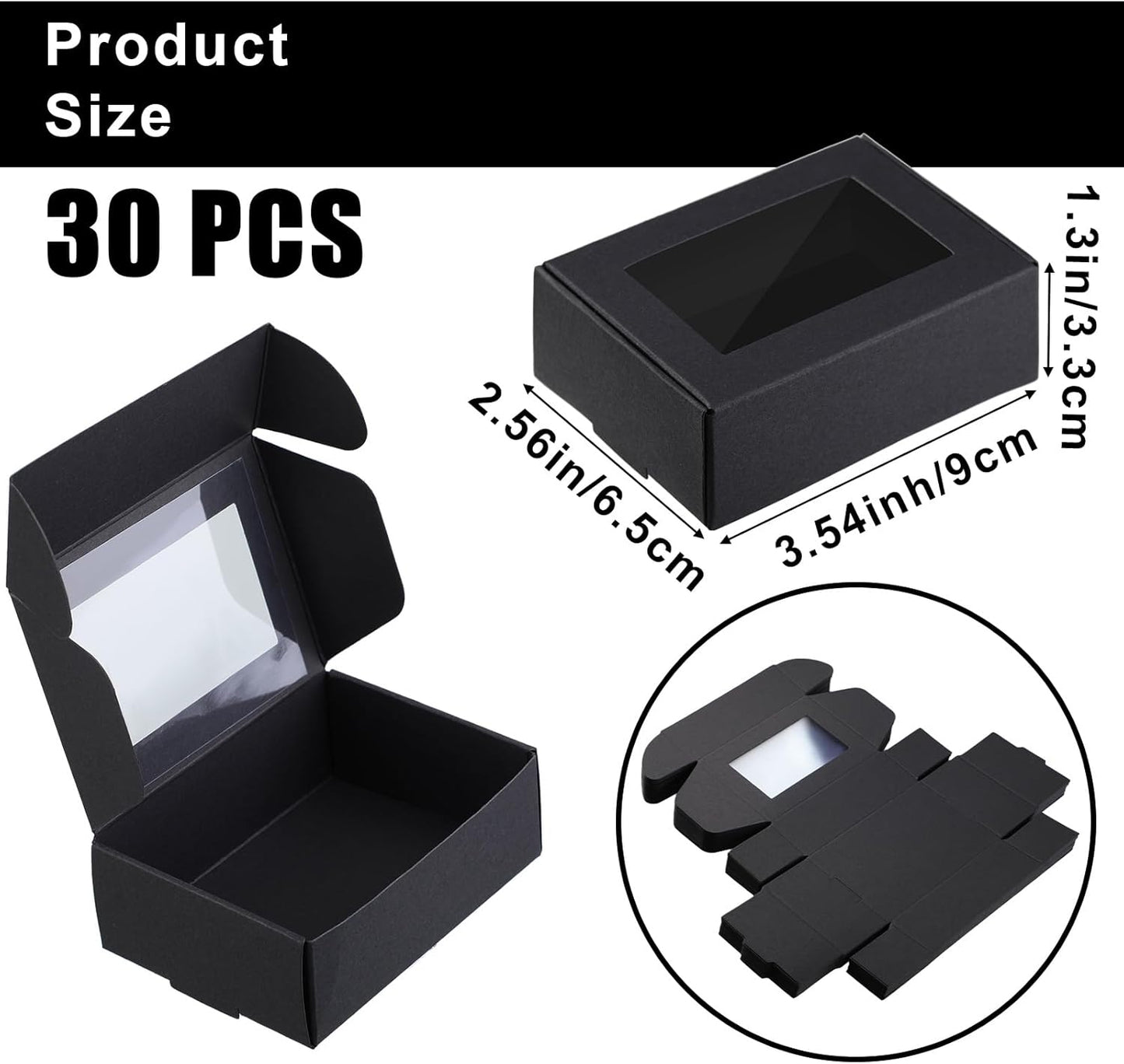 Zonon 30 Pcs Soap Boxes for Homemade Packaging, Mini Kraft Treat Boxes with Window for Bakery Candy Soap Making Gift Packaging (3.7 x 2.6 x 1.37 Inch,Black)