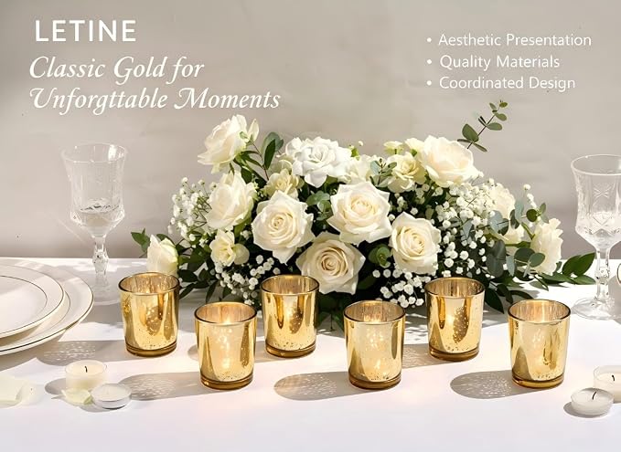 LETINE 6pcs Gold Votive Candle Holders – Tea Light Candles Holder & Standard Votive Size for Regular Votive Candles – Candle Holder for Home Decor, Garden Party Decorations, Engagement Table Decor